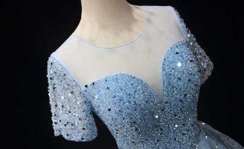Light Blue Short Tulle Wedding Dress - Pretty Sequin Dress - Embellished Dress with Sleeves Plus Size